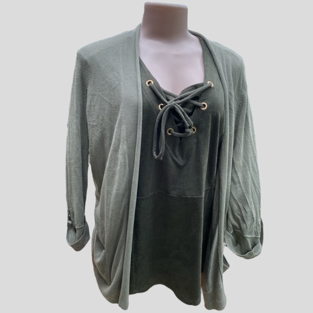 Chico's Olive Green Open Front Cardigan Roll Tab Sleeve Size M
